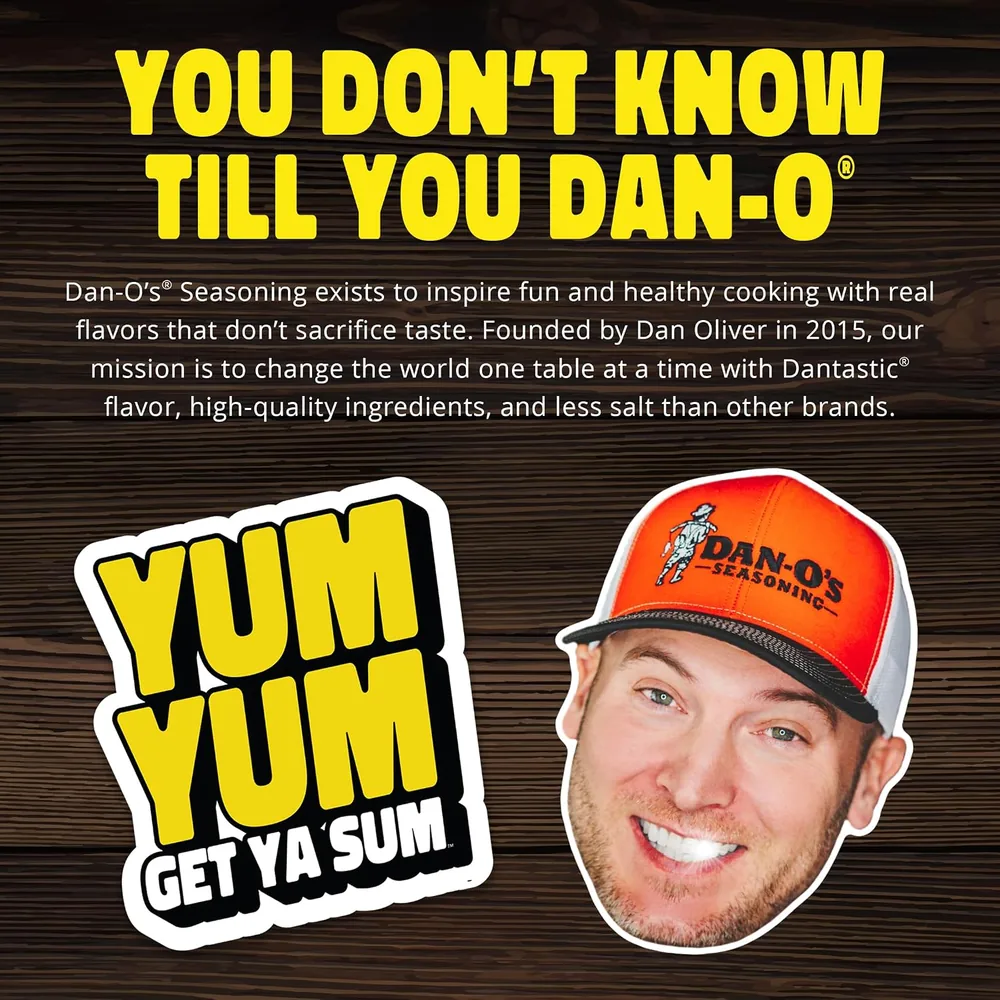 The eight Dan-O's seasoning flavors arranged together on a kitchen counter